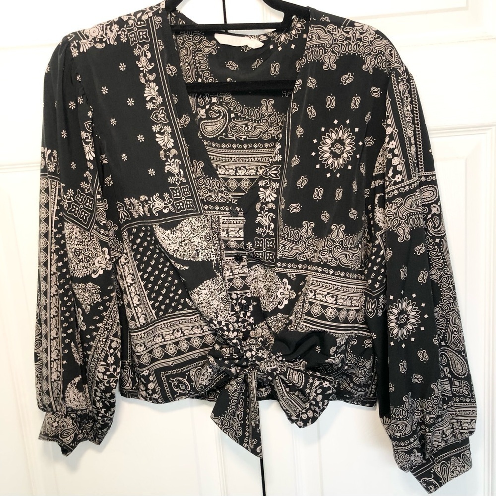 Lush Black and Tan Button Up Paisley Print Blouse Size S